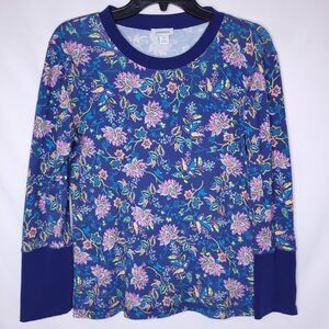 Sundance Thermal Top Womens Petite Large Blue Floral Waffle Knit Long Sleeve